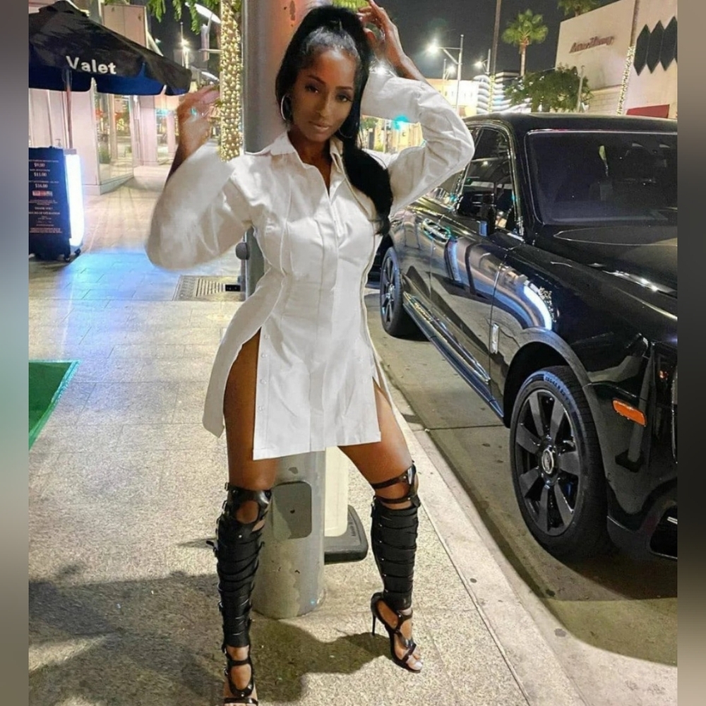 Boyfriend Button Up Shirt Side Slit Mini Dress